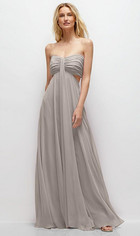 Front View - Taupe Strapless Empire Waist Cutout Maxi Dress with Covered Button Detail