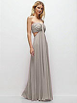 Rear View Thumbnail - Taupe Strapless Empire Waist Cutout Maxi Dress with Covered Button Detail