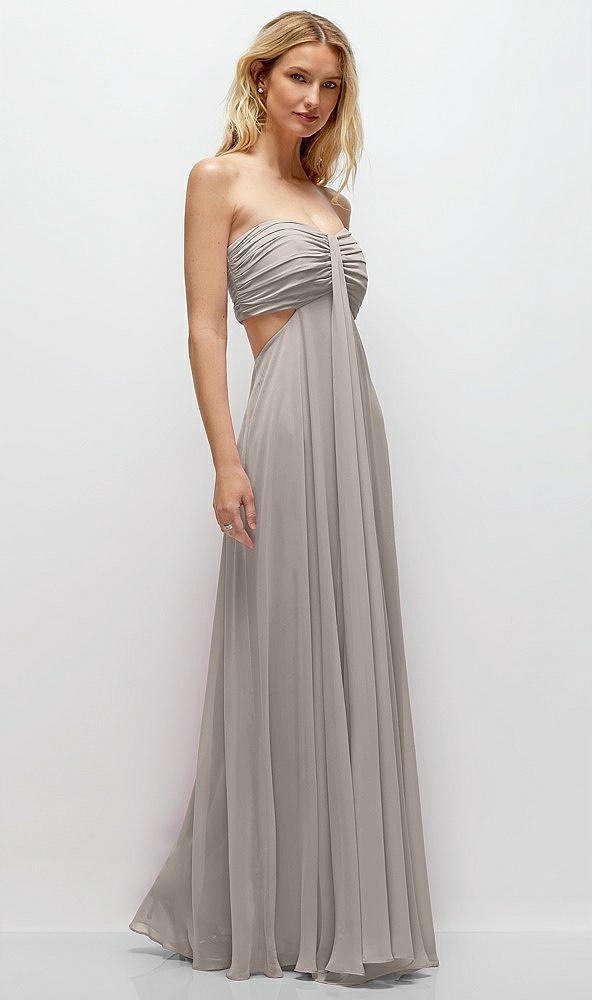 Back View - Taupe Strapless Empire Waist Cutout Maxi Dress with Covered Button Detail