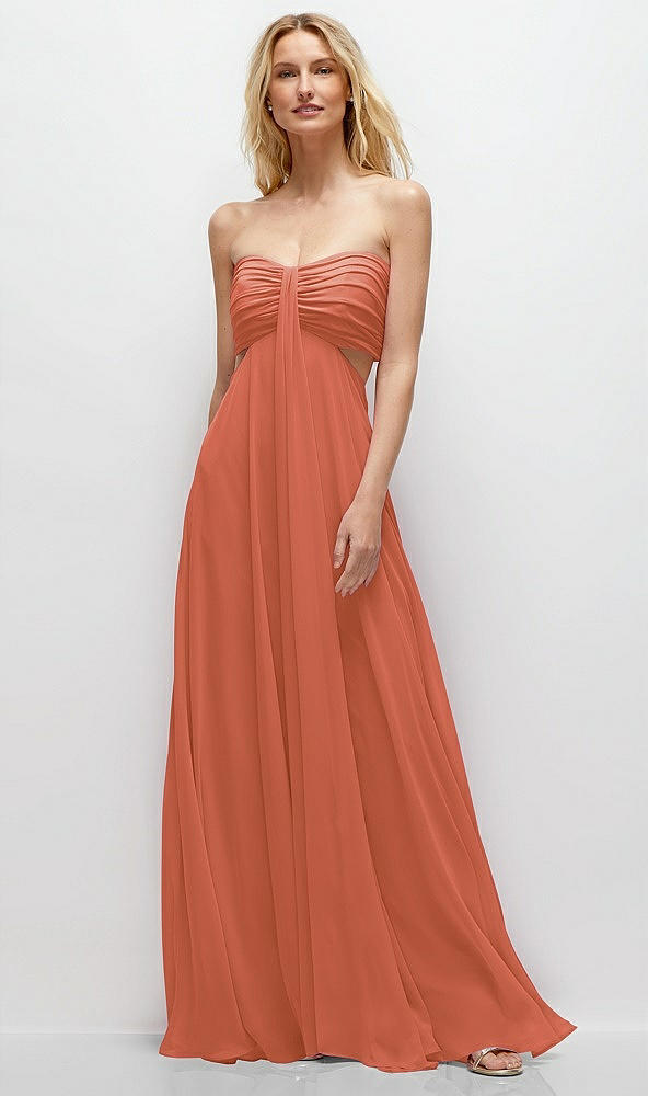 Front View - Terracotta Copper Strapless Empire Waist Cutout Maxi Dress with Covered Button Detail