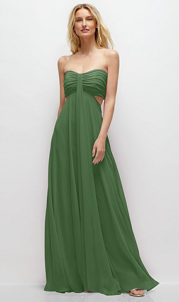 Front View - Vineyard Green Strapless Empire Waist Cutout Maxi Dress with Covered Button Detail