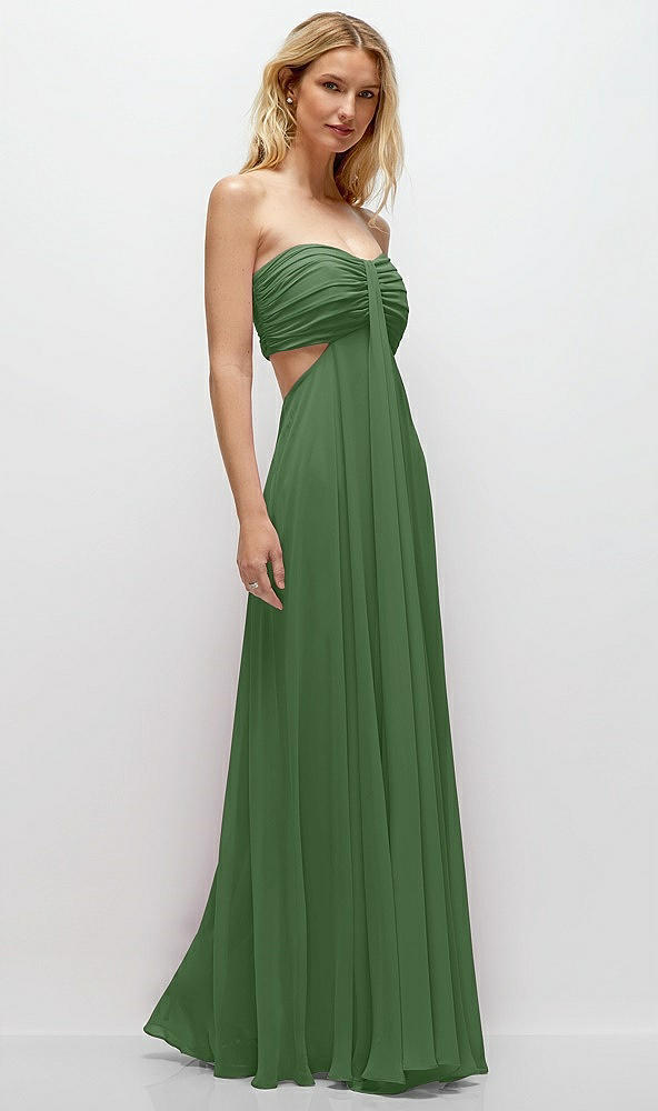 Back View - Vineyard Green Strapless Empire Waist Cutout Maxi Dress with Covered Button Detail