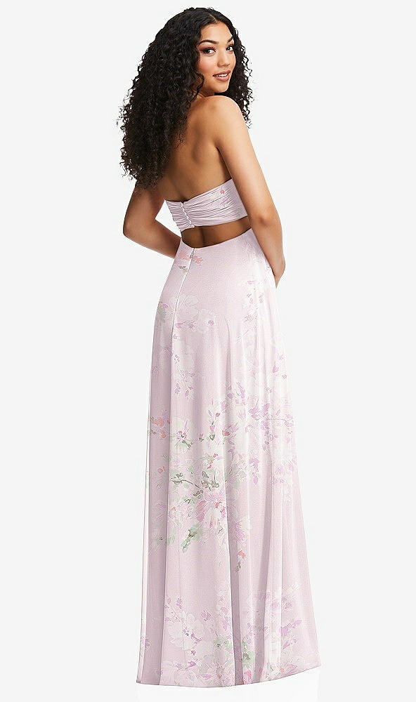 Back View - Watercolor Print Strapless Empire Waist Cutout Maxi Dress with Covered Button Detail