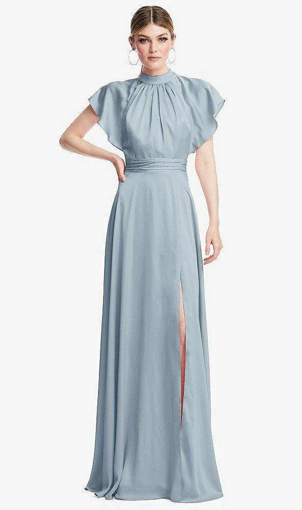 Front View - Mist Shirred Stand Collar Flutter Sleeve Open-Back Maxi Dress with Sash