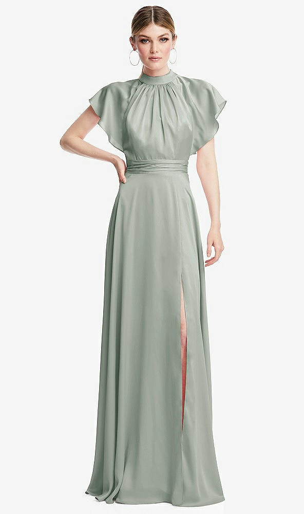 Front View - Willow Green Shirred Stand Collar Flutter Sleeve Open-Back Maxi Dress with Sash