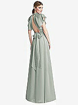 Rear View Thumbnail - Willow Green Shirred Stand Collar Flutter Sleeve Open-Back Maxi Dress with Sash