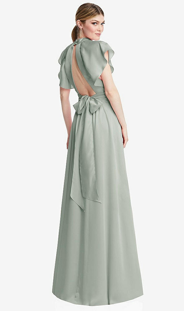 Back View - Willow Green Shirred Stand Collar Flutter Sleeve Open-Back Maxi Dress with Sash