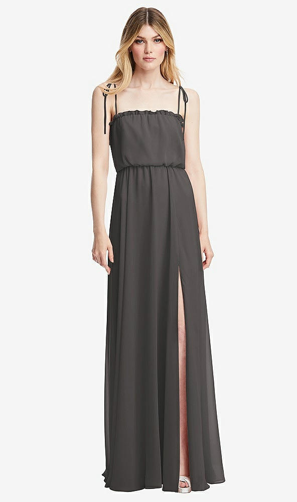 Front View - Caviar Gray Skinny Tie-Shoulder Ruffle-Trimmed Blouson Maxi Dress