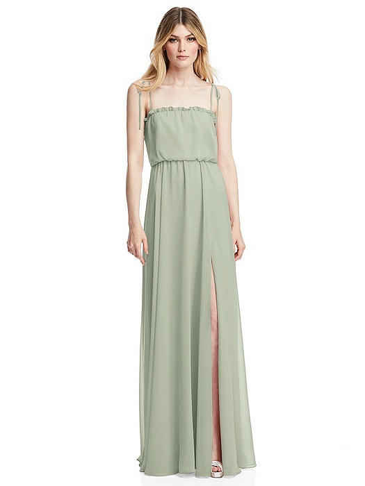 Skinny Tie-Shoulder Ruffle-Trimmed Blouson Maxi Dress