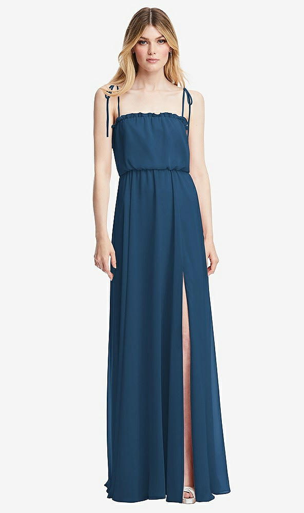 Front View - Dusk Blue Skinny Tie-Shoulder Ruffle-Trimmed Blouson Maxi Dress