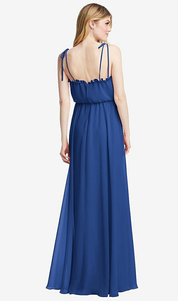 Back View - Classic Blue Skinny Tie-Shoulder Ruffle-Trimmed Blouson Maxi Dress