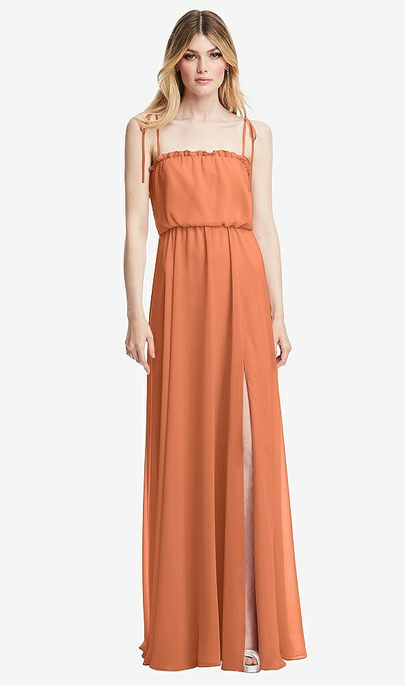 Front View - Sweet Melon Skinny Tie-Shoulder Ruffle-Trimmed Blouson Maxi Dress