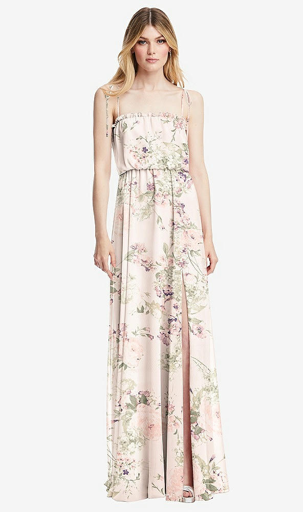 Front View - Blush Garden Skinny Tie-Shoulder Ruffle-Trimmed Blouson Maxi Dress