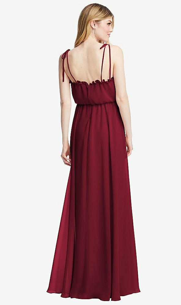 Back View - Burgundy Skinny Tie-Shoulder Ruffle-Trimmed Blouson Maxi Dress