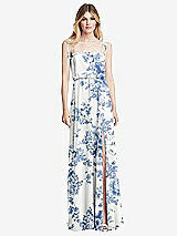 Front View Thumbnail - Cottage Rose Dusk Blue Skinny Tie-Shoulder Ruffle-Trimmed Blouson Maxi Dress