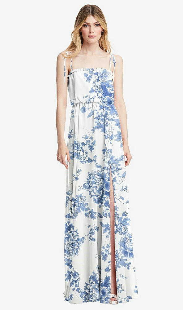 Front View - Cottage Rose Dusk Blue Skinny Tie-Shoulder Ruffle-Trimmed Blouson Maxi Dress