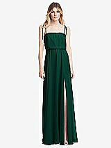 Front View Thumbnail - Hunter Green Skinny Tie-Shoulder Ruffle-Trimmed Blouson Maxi Dress