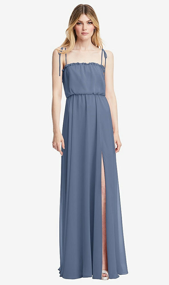 Front View - Larkspur Blue Skinny Tie-Shoulder Ruffle-Trimmed Blouson Maxi Dress