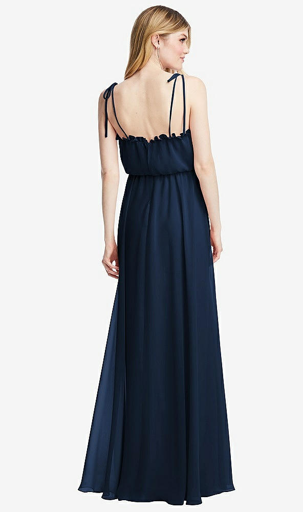 Back View - Midnight Navy Skinny Tie-Shoulder Ruffle-Trimmed Blouson Maxi Dress