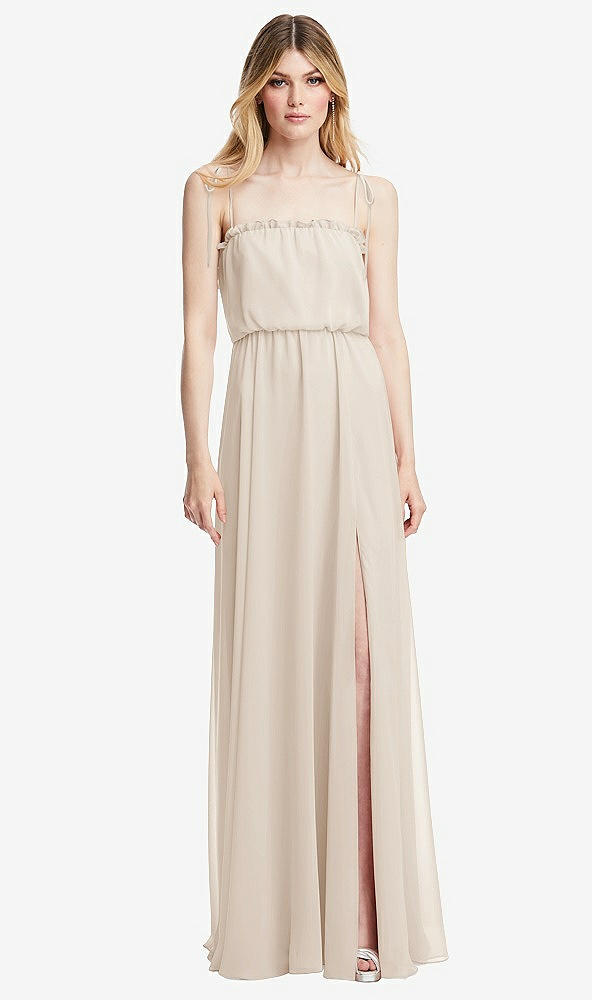 Front View - Oat Skinny Tie-Shoulder Ruffle-Trimmed Blouson Maxi Dress