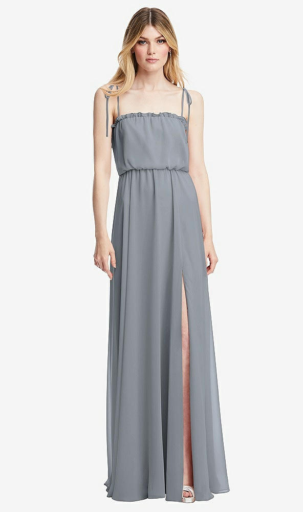 Front View - Platinum Skinny Tie-Shoulder Ruffle-Trimmed Blouson Maxi Dress