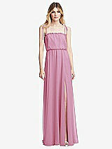 Front View Thumbnail - Powder Pink Skinny Tie-Shoulder Ruffle-Trimmed Blouson Maxi Dress