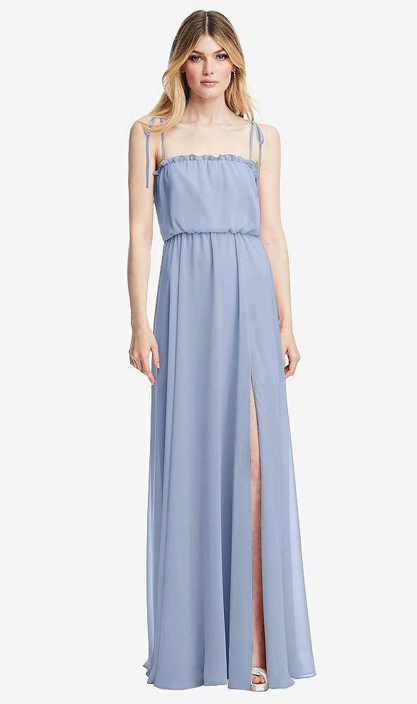 Front View - Sky Blue Skinny Tie-Shoulder Ruffle-Trimmed Blouson Maxi Dress