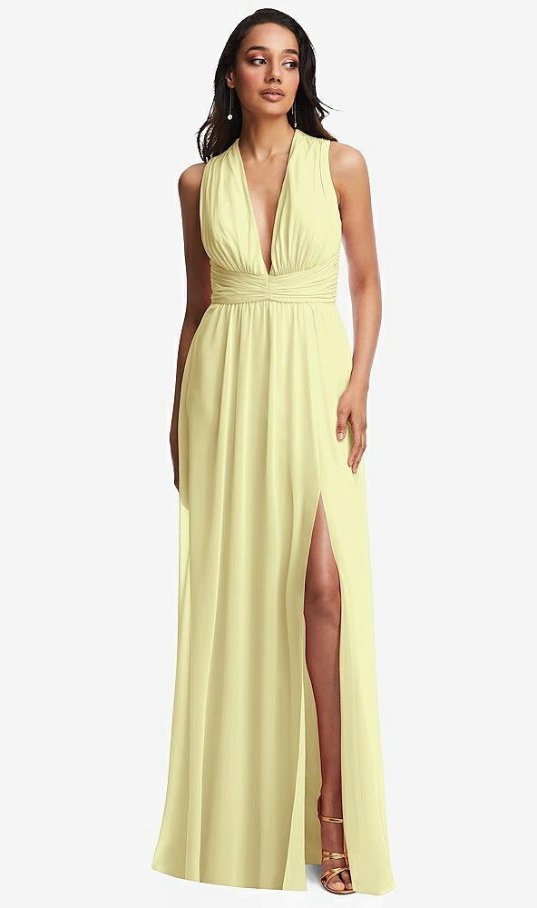 Front View - Butter Yellow Shirred Deep Plunge Neck Closed Back Chiffon Maxi Dress 