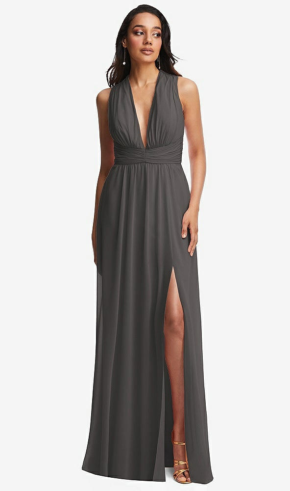 Front View - Caviar Gray Shirred Deep Plunge Neck Closed Back Chiffon Maxi Dress 