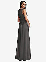 Rear View Thumbnail - Caviar Gray Shirred Deep Plunge Neck Closed Back Chiffon Maxi Dress 