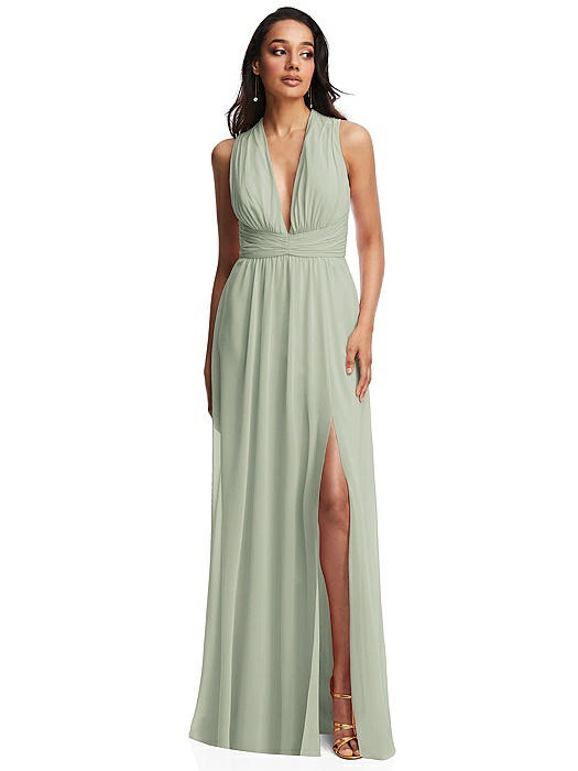 Shirred Deep Plunge Neck Closed Back Chiffon Maxi Dress 