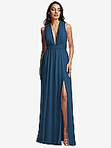 Front View Thumbnail - Dusk Blue Shirred Deep Plunge Neck Closed Back Chiffon Maxi Dress 