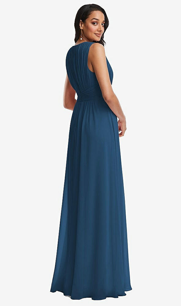 Back View - Dusk Blue Shirred Deep Plunge Neck Closed Back Chiffon Maxi Dress 