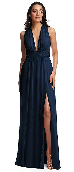 Shirred Deep Plunge Neck Closed Back Chiffon Maxi Dress 