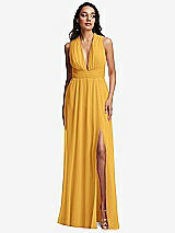 Front View Thumbnail - NYC Yellow Shirred Deep Plunge Neck Closed Back Chiffon Maxi Dress 