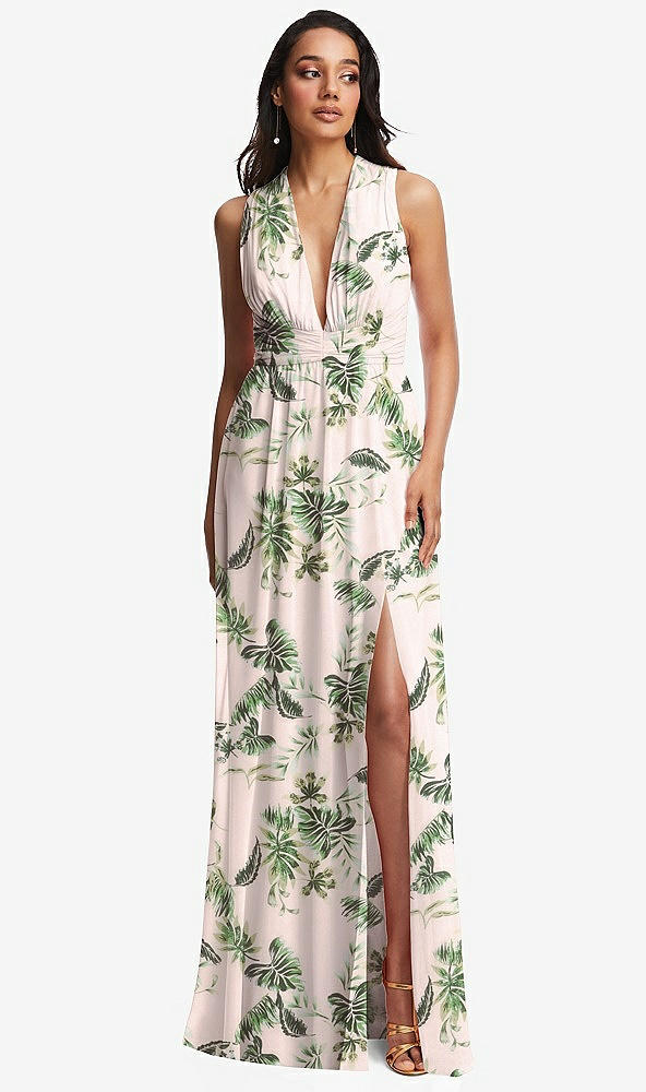 Front View - Palm Beach Print Shirred Deep Plunge Neck Closed Back Chiffon Maxi Dress 