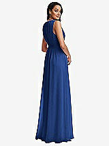 Rear View Thumbnail - Classic Blue Shirred Deep Plunge Neck Closed Back Chiffon Maxi Dress 