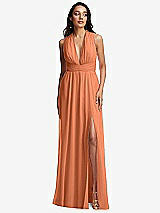 Front View Thumbnail - Sweet Melon Shirred Deep Plunge Neck Closed Back Chiffon Maxi Dress 