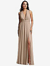 Front View Thumbnail - Topaz Shirred Deep Plunge Neck Closed Back Chiffon Maxi Dress 