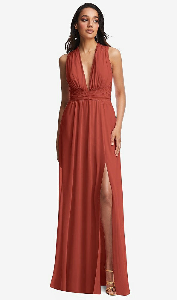 Front View - Amber Sunset Shirred Deep Plunge Neck Closed Back Chiffon Maxi Dress 