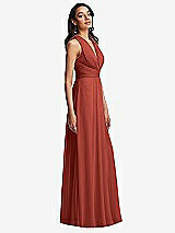 Side View Thumbnail - Amber Sunset Shirred Deep Plunge Neck Closed Back Chiffon Maxi Dress 