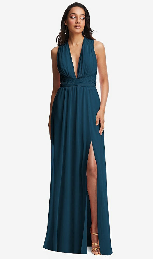 Front View - Atlantic Blue Shirred Deep Plunge Neck Closed Back Chiffon Maxi Dress 