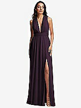 Front View Thumbnail - Aubergine Shirred Deep Plunge Neck Closed Back Chiffon Maxi Dress 