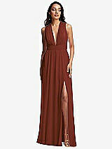 Front View Thumbnail - Auburn Moon Shirred Deep Plunge Neck Closed Back Chiffon Maxi Dress 