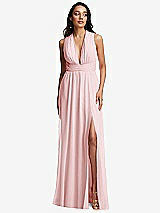 Front View Thumbnail - Ballet Pink Shirred Deep Plunge Neck Closed Back Chiffon Maxi Dress 