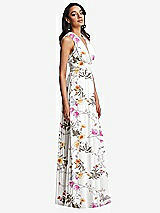 Side View Thumbnail - Butterfly Botanica Ivory Shirred Deep Plunge Neck Closed Back Chiffon Maxi Dress 