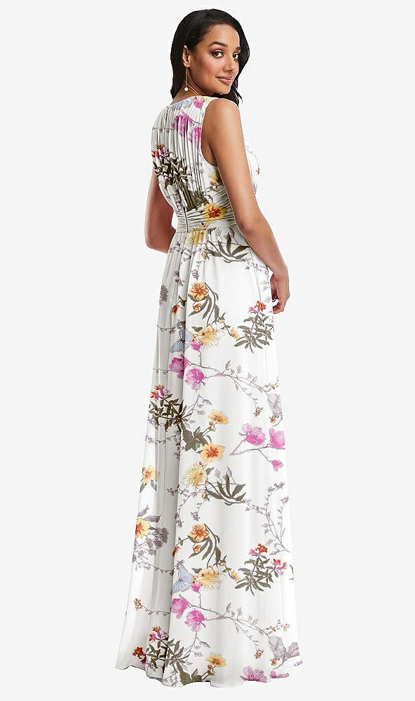 Back View - Butterfly Botanica Ivory Shirred Deep Plunge Neck Closed Back Chiffon Maxi Dress 