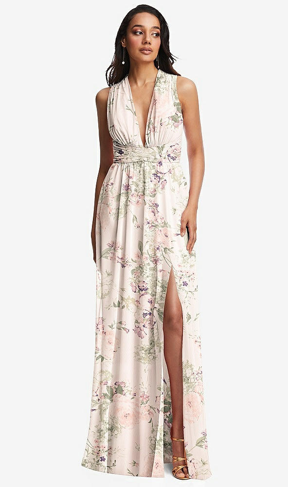 Front View - Blush Garden Shirred Deep Plunge Neck Closed Back Chiffon Maxi Dress 