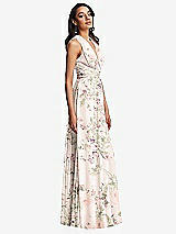 Side View Thumbnail - Blush Garden Shirred Deep Plunge Neck Closed Back Chiffon Maxi Dress 