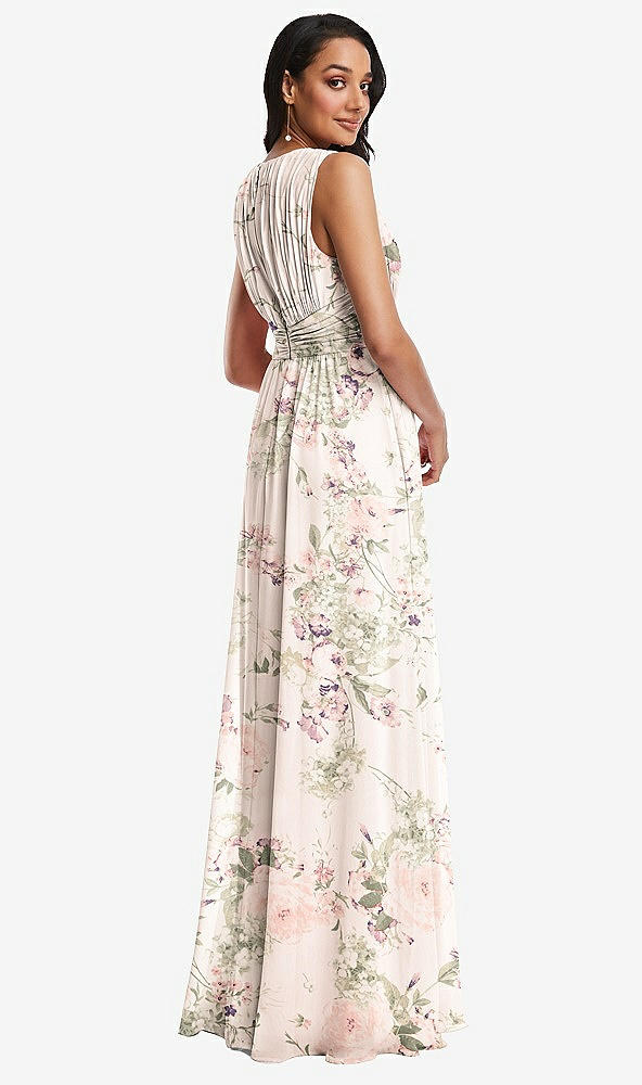 Back View - Blush Garden Shirred Deep Plunge Neck Closed Back Chiffon Maxi Dress 